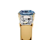 3 Stone Engagement Ring Setting for Fancy Blue Asscher Cut Center with Raised Basket Heads and Prong Head in Yellow Gold