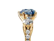3 Stone Engagement Ring Setting for Fancy Blue Heart-Shaped Center with Crossover Basket, Pave Band and Prong Head in Yellow Gold