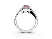 Milgrain Halo Engagement Ring Setting for Fancy Pink Cushion Cut Center with Three-Sided Pave Band and Prong Head in White Gold