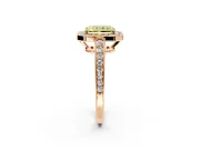 Bezel-Framed Halo Engagement Ring Setting for Fancy Yellow Radiant Cut Center with Pave Band and Prong Head in Rose Gold