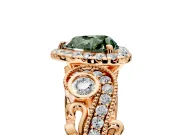 Milgrain Halo Engagement Ring Setting for Fancy Green Heart-Shaped Center with Shoulder Bezels and Prong Head in Rose Gold
