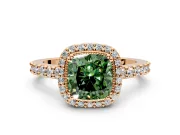 Halo Engagement Ring Setting for Fancy Green Cushion Cut Center with Inner Milgrain Border and Prong Head in Rose Gold