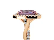 Halo Engagement Ring Setting for Fancy Pink Emerald Cut Center with Twist Band and Prong Head in Rose Gold