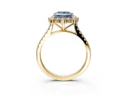 Halo Engagement Ring Setting for Fancy Blue Princess Cut Center with Single-Row Pave, Open Basket and Prong Head in Yellow Gold