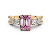 3 Stone Engagement Ring Setting for Fancy Pink Emerald Cut Center with Pave Split Shank and Prong Head in Yellow Gold