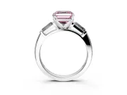 3 Stone Engagement Ring Setting for Fancy Pink Asscher Cut Center with Tapered Baguettes, Plain Band and Prong Head in White Gold