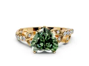 Leaf Motif Engagement Ring Setting for Fancy Green Heart-Shaped Center with Pave Band and Prong Head in Yellow Gold
