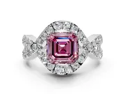 Halo Engagement Ring Setting for Fancy Pink Asscher Cut Center with Pave Infinity Twist Band and Prong Head in Platinum