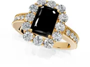 Halo Engagement Ring Setting for Fancy Black Emerald Cut Center with Milgrain Channel Band and Prong Head in Yellow Gold