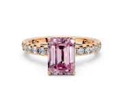 Solitaire Engagement Ring Setting for Fancy Pink Emerald Cut Center with Shared-Prong Accents and Prong Head in Rose Gold