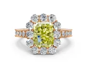 Halo Engagement Ring Setting for Fancy Yellow Radiant Cut Center with Milgrain Channel Band and Prong Head in Rose Gold