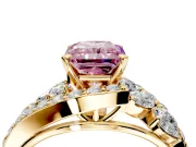Halo Engagement Ring Setting for Fancy Pink Radiant Cut Center with Marquise and Pave Bypass Band and Prong Head in Yellow Gold