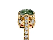 Cathedral Engagement Ring Setting for Fancy Green Cushion Cut Center with Antique-Style Pave Band and Prong Head in Yellow Gold