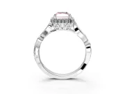 Halo Engagement Ring Setting for Fancy Pink Radiant Cut Center with Leaf Motif Split Shank and Prong Head in Platinum