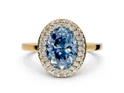 Halo Engagement Ring Setting for Fancy Blue Oval Center with Plain Tapered Band and Prong Head in Yellow Gold