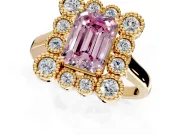 Cluster Halo Engagement Ring Setting for Fancy Pink Emerald Cut Center with Milgrain Bezel Accents and Prong Head in Yellow Gold