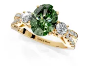 3 Stone Engagement Ring Setting for Fancy Green Oval Center with Pave Split Shank and Prong Head in Yellow Gold