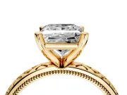 Solitaire Engagement Ring Setting for Princess Cut Center with Milgrain X Pattern Band and Prong Head in Yellow Gold