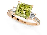 3 Stone Engagement Ring Setting for Fancy Yellow Princess Cut Center with Round Cut Side Accents and Prong Head in Rose Gold