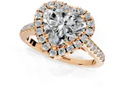 Halo Engagement Ring Setting for Heart-Shaped Center with Raised Halo, Pave Band and Prong Head in Rose Gold