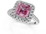 Halo Engagement Ring Setting for Fancy Pink Asscher Cut Center with Raised Halo, Pave Band and Prong Head in Platinum