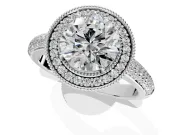 Milgrain Halo Engagement Ring Setting for Round Cut Center with Three-Sided Pave Band and Prong Head in Sterling Silver
