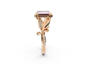 Halo Engagement Ring Setting for Fancy Pink Emerald Cut Center with Leaf Motif Split Shank and Prong Head in Rose Gold