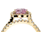 Halo Engagement Ring Setting for Fancy Pink Cushion Cut Center with Double Pave Split Shank and Prong Head in Yellow Gold