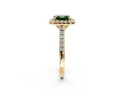 Halo Engagement Ring Setting for Fancy Green Asscher Cut Center with Raised Halo, Pave Band and Prong Head in Yellow Gold