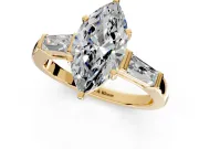 3 Stone Engagement Ring Setting for Marquise Center with Tapered Baguettes, Plain Band and Prong Head in Yellow Gold