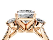 3 Stone Engagement Ring Setting for Princess Cut Center with Crossover Basket, Pave Band and Prong Head in Rose Gold