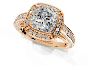 Halo Engagement Ring Setting for Cushion Cut Center with Framed Halo, Pave Band and Prong Head in Rose Gold