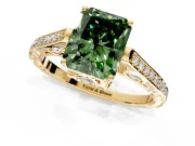 Cathedral Engagement Ring Setting for Fancy Green Radiant Cut Center with Antique-Style Pave Band and Prong Head in Yellow Gold