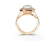 Double Halo Engagement Ring Setting for Asscher Cut Center with Narrow Pave Split Shank and Prong Head in Rose Gold
