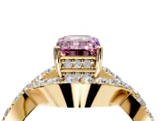Halo Engagement Ring Setting for Fancy Pink Emerald Cut Center with Pave Infinity Twist Band and Prong Head in Yellow Gold