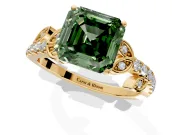 Leaf Motif Engagement Ring Setting for Fancy Green Asscher Cut Center with Pave Band and Prong Head in Yellow Gold