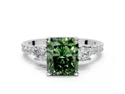 3 Stone Engagement Ring Setting for Fancy Green Radiant Cut Center with Round Cut Side Accents and Prong Head in White Gold