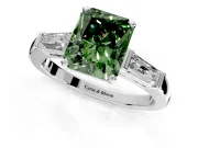 3 Stone Engagement Ring Setting for Fancy Green Radiant Cut Center with Tapered Baguettes, Plain Band and Prong Head in Sterling Silver