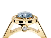 Halo Engagement Ring Setting for Fancy Blue Pear-Shaped Center with Outer Bezel Rim, Pave Band and Prong Head in Yellow Gold
