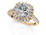Halo Engagement Ring Setting for Cushion Cut Center with Narrowing Pave Band and Prong Head in Yellow Gold