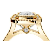 Halo Engagement Ring Setting for Radiant Cut Center with Milgrain Frame, Pave Band and Prong Head in Yellow Gold