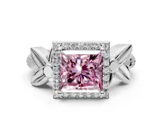 Halo Engagement Ring Setting for Fancy Pink Princess Cut Center with Floral Band and Prong Head in Sterling Silver