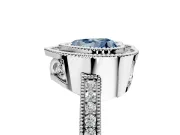 Halo Engagement Ring Setting for Fancy Blue Heart-Shaped Center with Milgrain Halo, Pave Band and Prong Head in Platinum