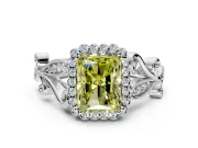 Halo Engagement Ring Setting for Fancy Yellow Radiant Cut Center with Leaf Motif Split Shank and Prong Head in Platinum
