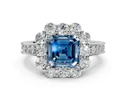 Halo Engagement Ring Setting for Fancy Blue Asscher Cut Center with Milgrain Channel Band and Prong Head in White Gold