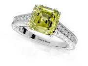 Solitaire Engagement Ring Setting for Fancy Yellow Asscher Cut Center with Engraved Pave Band and Prong Head in Platinum
