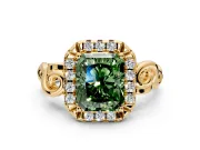 Halo Engagement Ring Setting for Fancy Green Radiant Cut Center with Open Scroll Shoulders and Prong Head in Yellow Gold