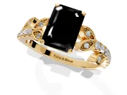 Leaf Motif Engagement Ring Setting for Fancy Black Emerald Cut Center with Pave Band and Prong Head in Yellow Gold