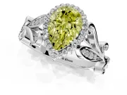 Halo Engagement Ring Setting for Fancy Yellow Pear-Shaped Center with Leaf Motif Split Shank and Prong Head in Platinum