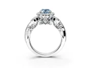 Milgrain Halo Engagement Ring Setting for Fancy Blue Oval Center with Shoulder Bezels and Prong Head in Sterling Silver